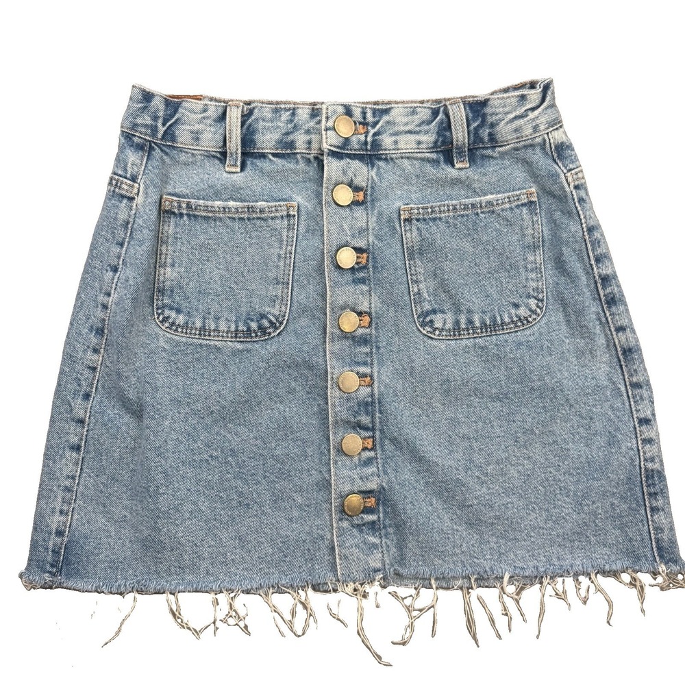Zara Denim Mini Skirt Women's M (28") Light Wash Distressed Raw Hem Full Button